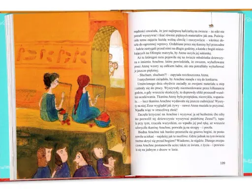 Ilustracja z książki: dwie dziewczynki siedzą przy krosnach, a pod nimi grupa ludzi.