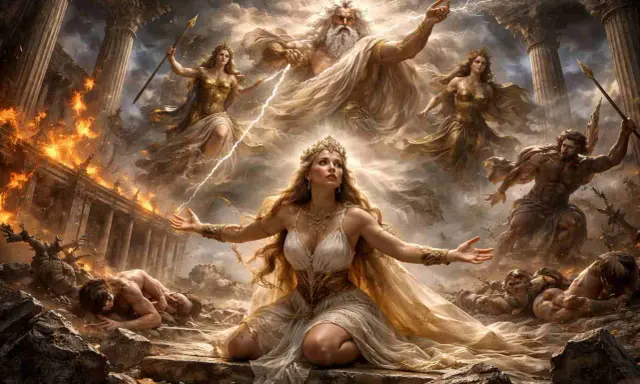 Bogowie karzą ludzi za ich hybris. Zeus ciska piorunami, a na ziemi płoną ruiny.