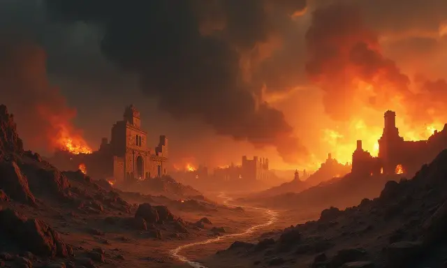 Ruiny miast płoną w ogniu, niebo zasnute dymem. Scena przypomina biblijną Sodomę i Gomorę, zniszczone przez gniew Boży.