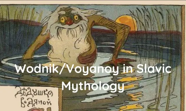Ilustracja przedstawia wodnika, postać ze słowiańskiej mitologii, stojącą w wodzie.