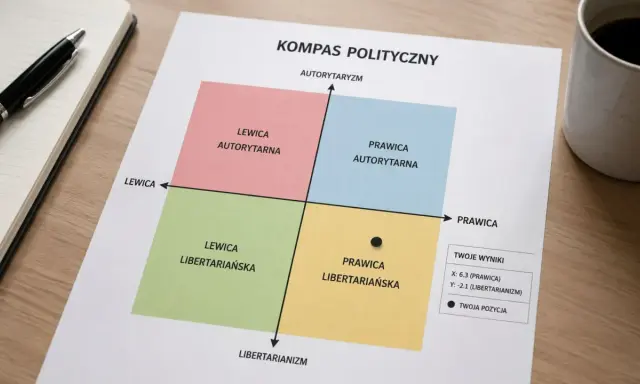 Kompas polityczny pokazuje cztery kwadranty: lewica autorytarna, prawica autorytarna, lewica libertariańska i prawica libertariańska. Twoja pozycja jest w prawicowym, libertariańskim reżimie.