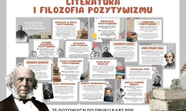 Ilustracja przedstawia karty pracy o pozytywizmie, ukazując jego główne założenia, cechy literatury i wielkich pisarzy. W tle widać portrety pisarzy, książki i pióra, symbolizujące epokę, w której dominował patriarchat.