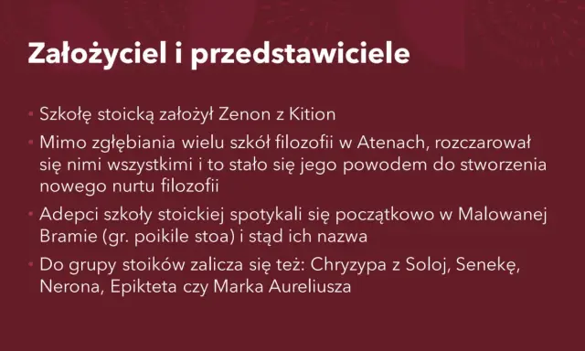 Zenon z Kition założył szkołę stoicką. W przeciwieństwie do epikureizmu, stoicyzm skupiał się na cnocie i rozumie.
