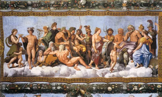 Bogowie Olimpu w chmurach. Wspaniała scena z mitologii greckiej, gdzie Zeus zasiada na tronie, otoczony przez innych bogów i boginie.