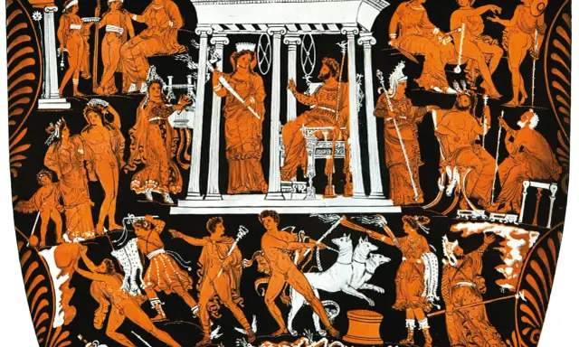 Starożytny grecki malunek przedstawia scenę z mitologii, gdzie bohaterowie walczą z potworami. To jakby piekło na ziemi, pełne akcji i dramatyzmu.