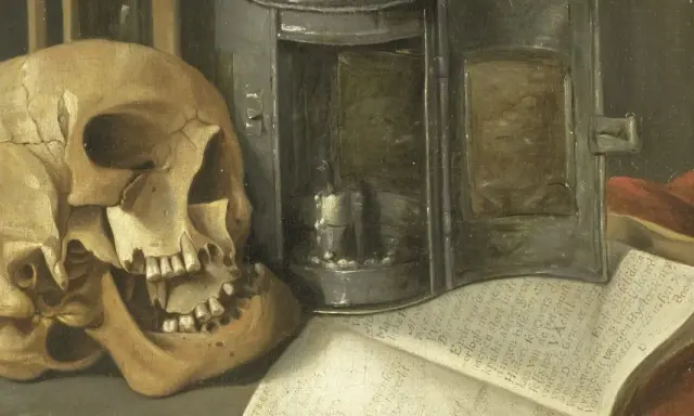 Czaszka, świeca i księga przypominają o marności nad marnościami.