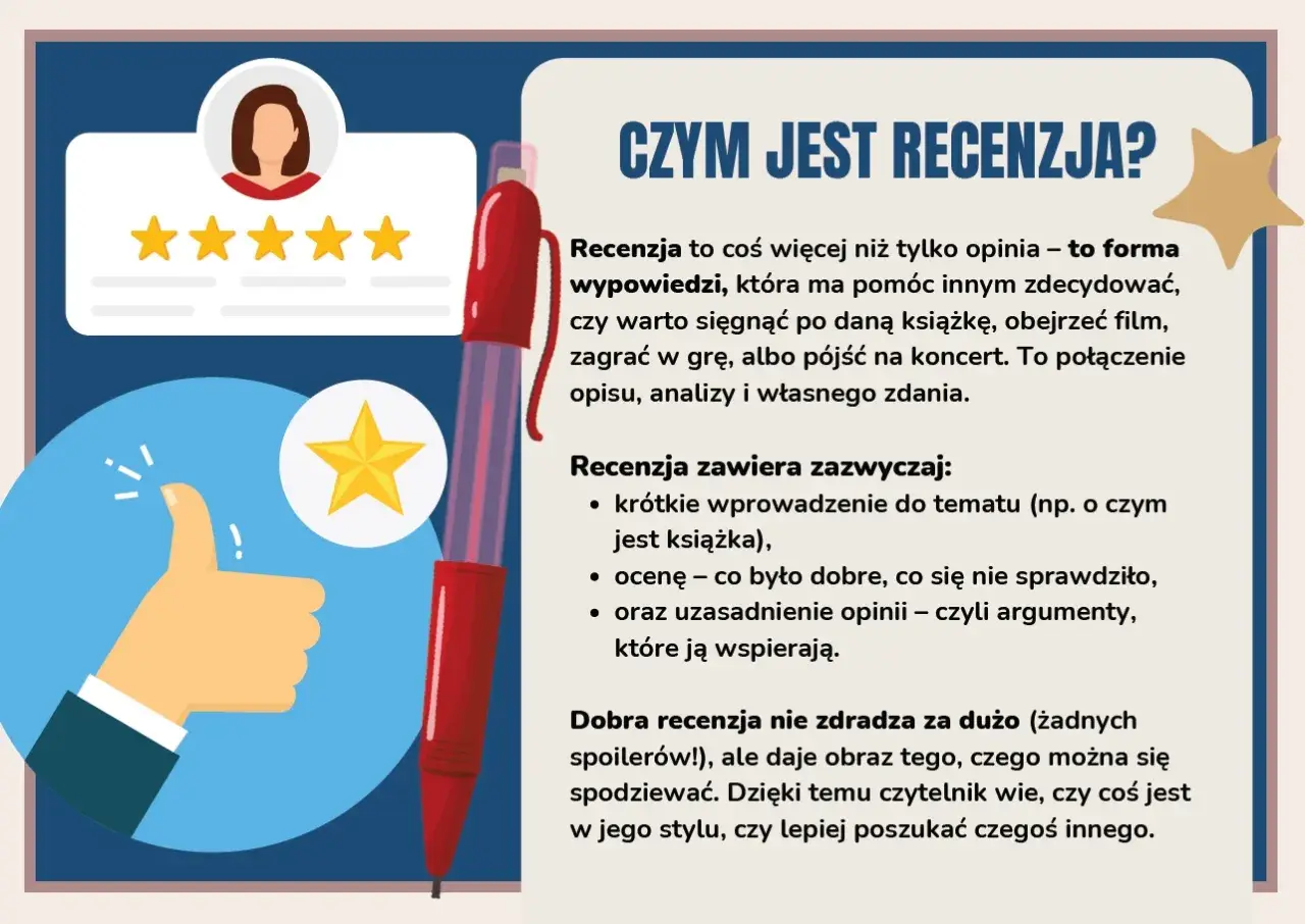 Ilustracja wyjaśnia, jak napisać recenzję. Pokazuje gwiazdki, kciuk w górę i długopis, symbolizując ocenę i pisanie.