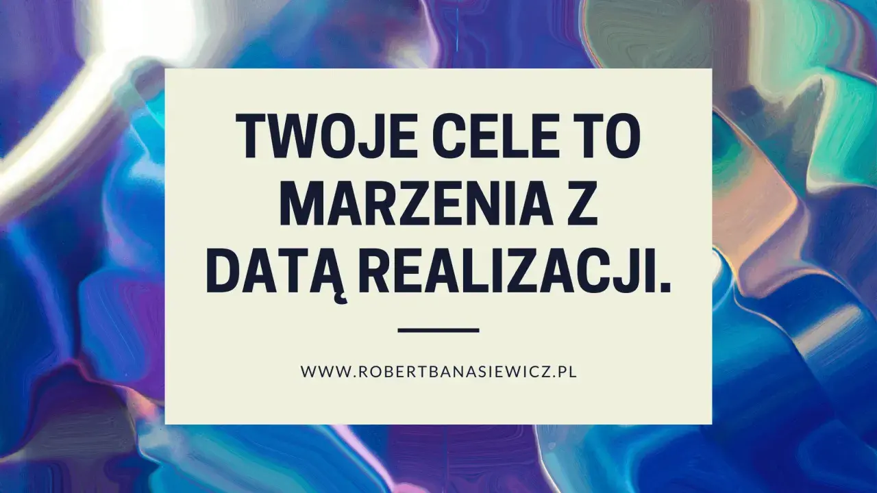 Twoje cele to marzenia z datą realizacji. Inspirujący cytat na tle abstrakcyjnych, kolorowych kształtów.