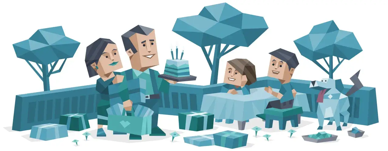 Rodzina świętuje urodziny, ojciec z tortem, matka z prezentami. Typowy ESFJ w otoczeniu bliskich, pies też się cieszy.
