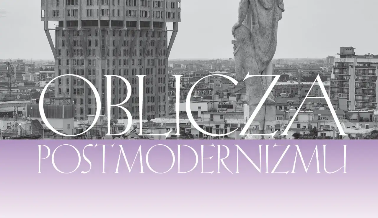 Widok miasta z monumentalnym budynkiem i rzeźbą. Napisy 