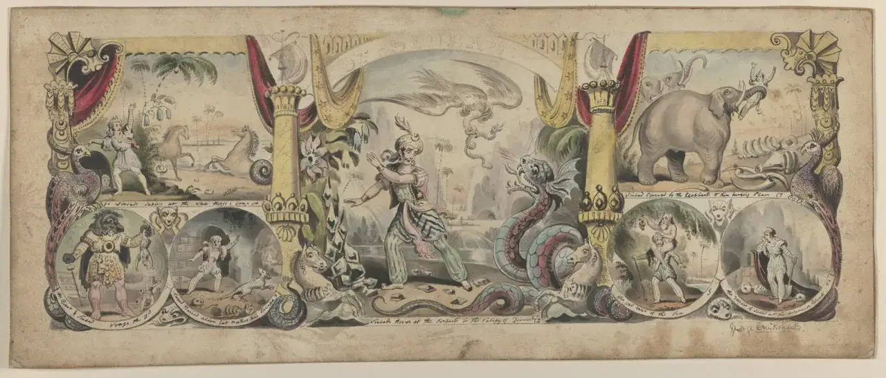 Ilustracja przedstawia przygody Sindbada Żeglarza: walkę z wężem, ucieczkę przed słoniami i inne fantastyczne sceny. To właśnie ojczyzna Sindbada żeglarza pełna jest niezwykłych stworzeń.