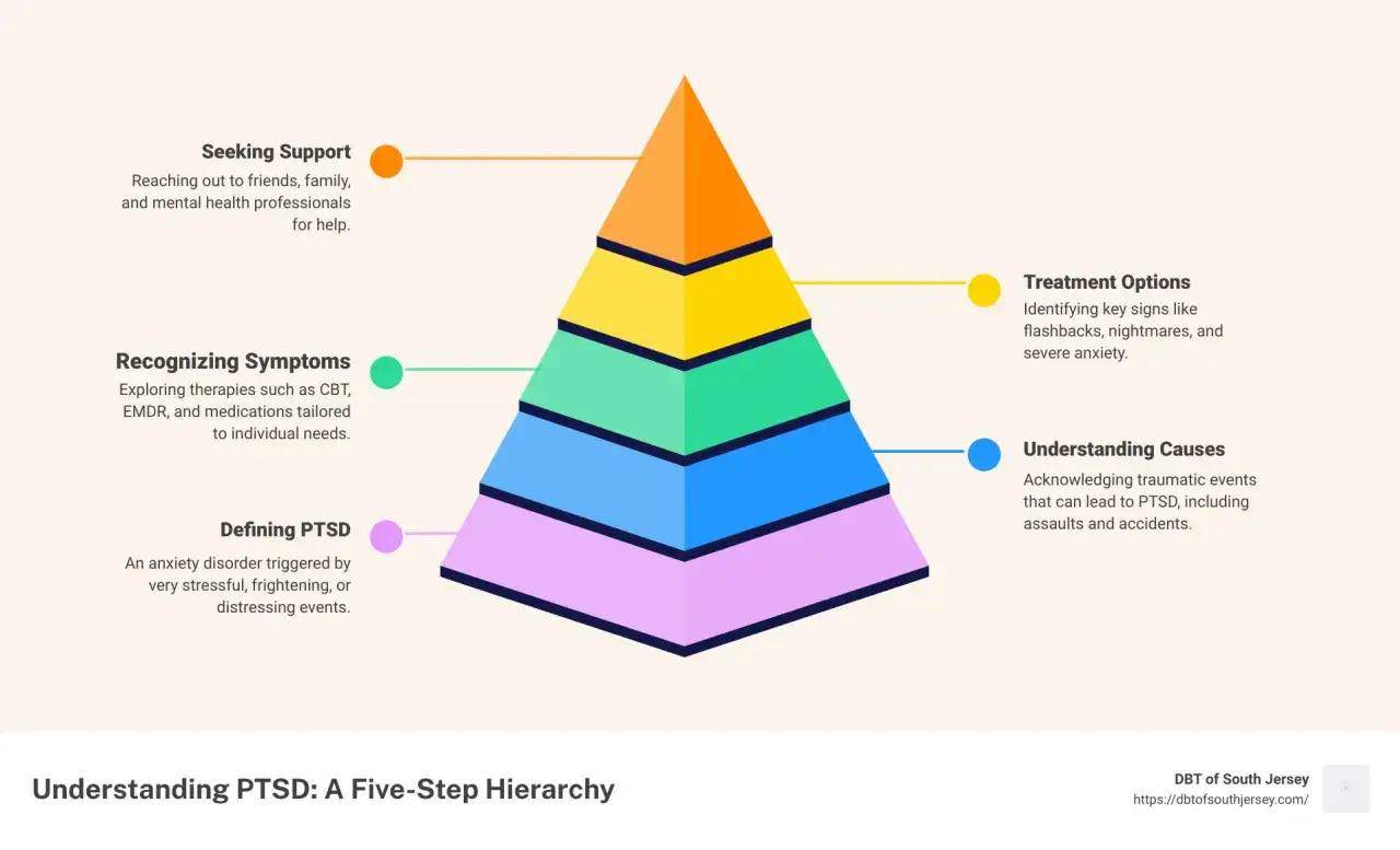 Hierarchia pięciu kroków do zrozumienia PTSD: od definiowania, przez rozpoznawanie objawów, po szukanie wsparcia, gdy czujesz się straumatyzowany.