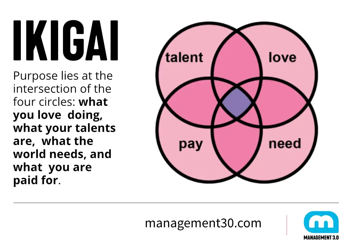 Diagram wyjaśniający, co to ikigai: skrzyżowanie pasji, talentów, potrzeb świata i wynagrodzenia.