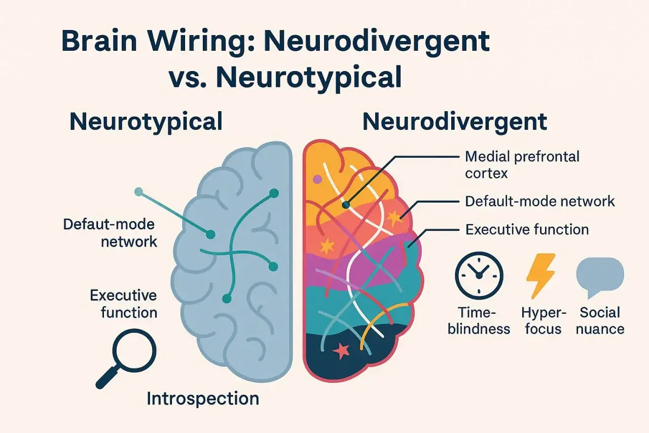 Porównanie mózgów: neurotypowy z uporządkowanymi sieciami, neurodywergentny z bardziej złożonymi połączeniami, uwagą i innymi cechami.