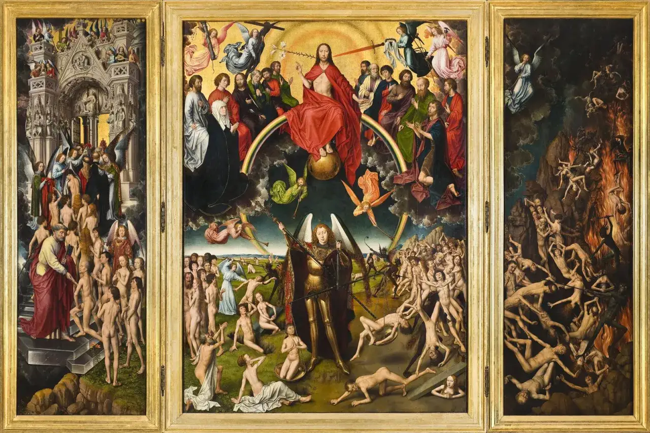 Tryptyk ukazujący Sąd Ostateczny. W centrum Chrystus, po bokach aniołowie, zbawieni i potępieni. Dzieło to jest kluczową interpretacją Dies Irae.