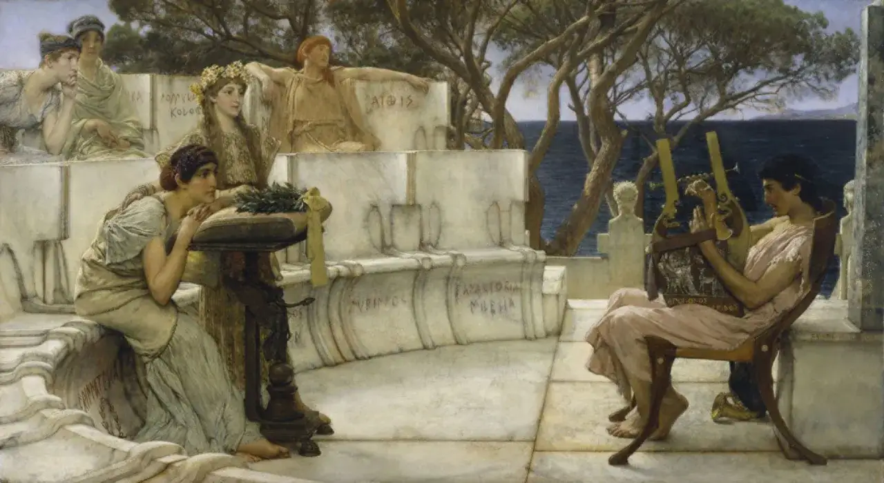 Poetka z Lesbos, Sapfo, słucha muzyki na lirze, otoczona przez inne kobiety.