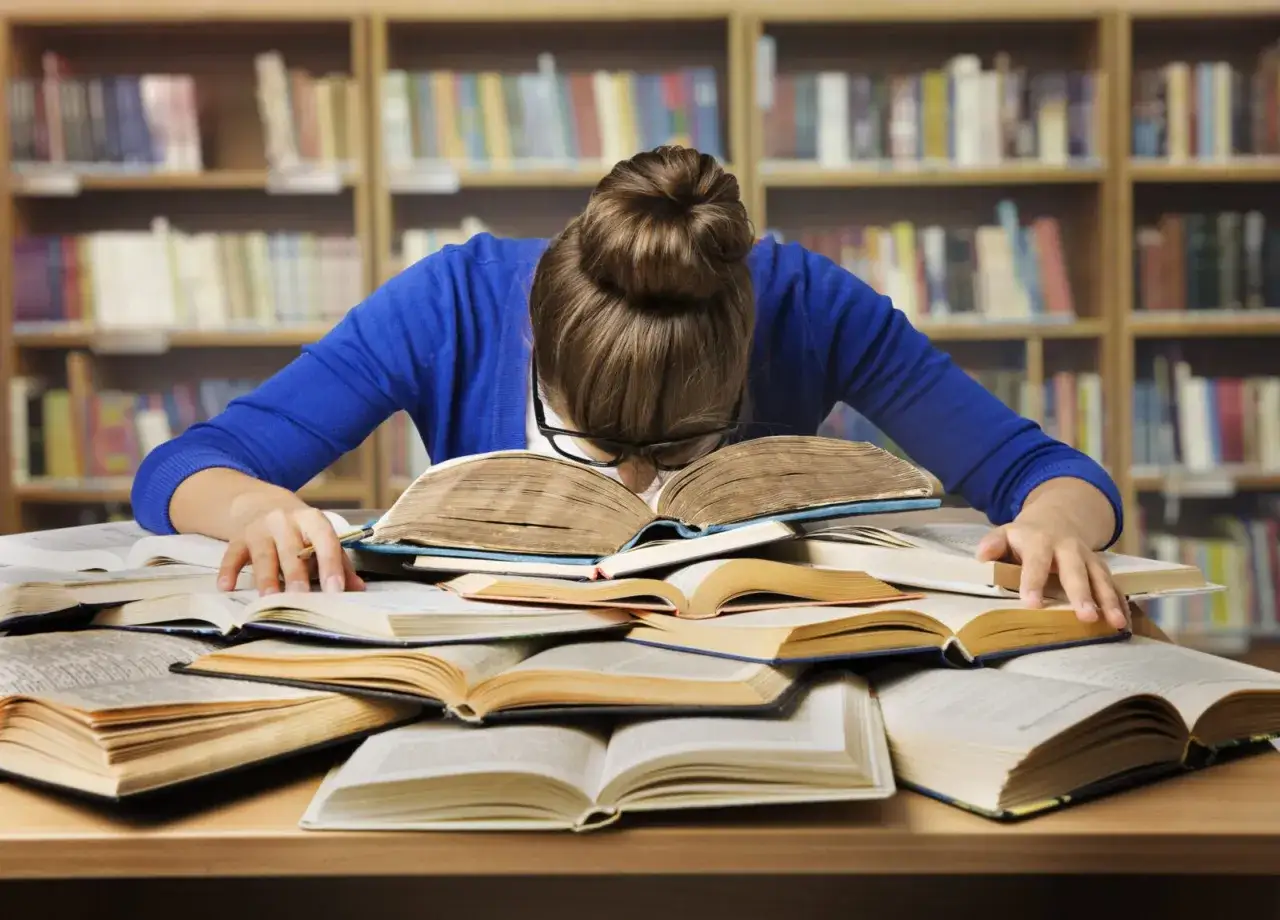 Zmęczona studentka pochyla się nad stertą książek, szukając odpowiedzi na pytania otwarte.