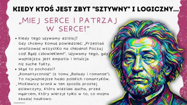 Kolorowy portret mężczyzny z hasłem „Miej serce i patrzaj w serce!”. Podkreśla wagę empatii nad logiką.