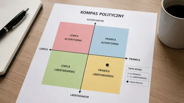 Kompas polityczny pokazuje cztery kwadranty: lewica autorytarna, prawica autorytarna, lewica libertariańska i prawica libertariańska. Twoja pozycja jest w prawicowym, libertariańskim reżimie.