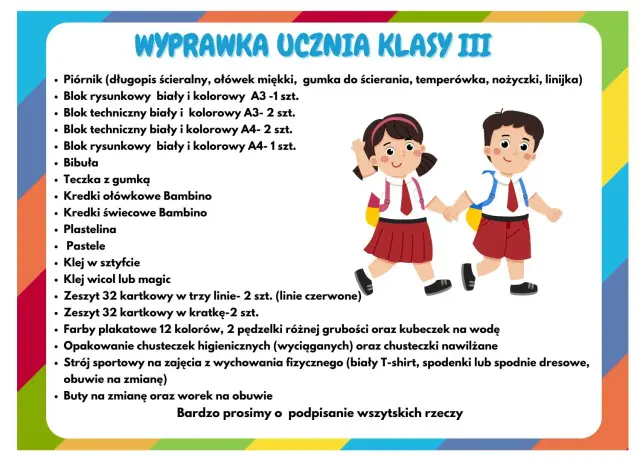 Dzieci z plecakami idą do szkoły. Lista wyprawki dla ucznia klasy III, która życzy powodzenia w nauce.