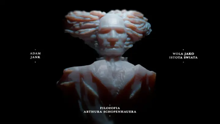 Rzeźba inspirowana filozofią Schopenhauera, z tekstem "Wola jako istota świata" i "Filozofia Arthura Schopenhauera".
