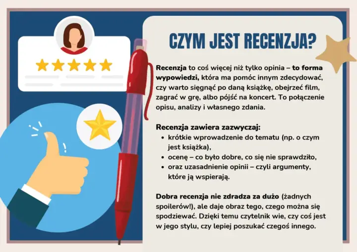 Ilustracja wyjaśnia, jak napisać recenzję. Pokazuje gwiazdki, kciuk w górę i długopis, symbolizując ocenę i pisanie.