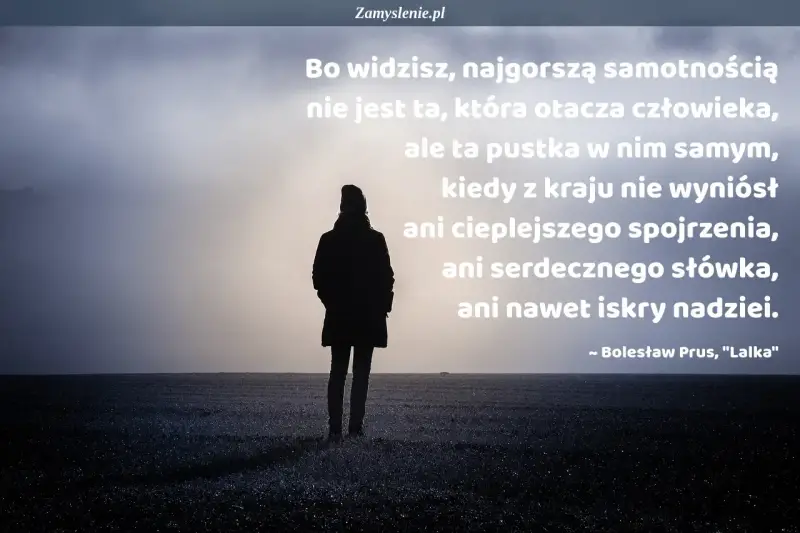 Samotność cytaty: postać w polu, w tle mgła i słońce. Najgorsza samotność to pustka w sercu, brak ciepła i nadziei.